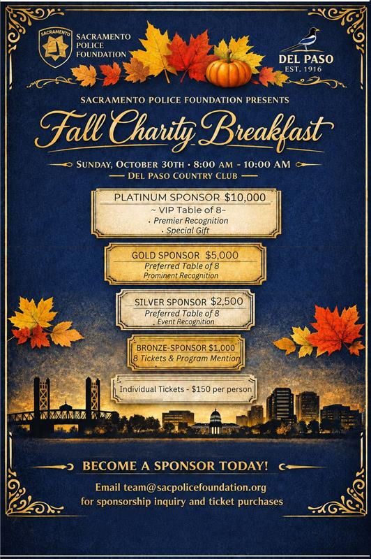 Fall-themed charity breakfast flyer featuring pumpkins and autumn leaves. Details sponsorship tiers for an event at Del Paso Country Club on October 30th.